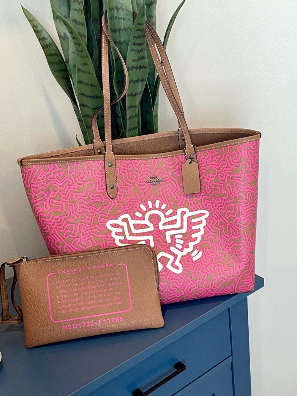 Coach x Keith Haring Fuschia Pink & Tan Reversible City Tote w/ Small Zip Pouch